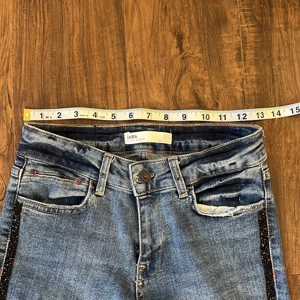 ZARA Z1975 Distressed Denim Jeans with Rhinestones Hem - Picture 6 of 12